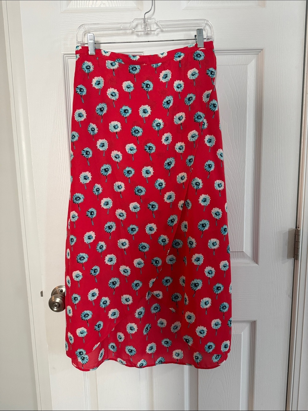 J. Crew Red Floral Wrap Skirt with Blue and White Blooms